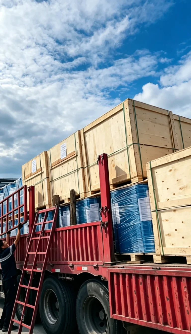 Crated cargo and drums being prepared on a transport truck
