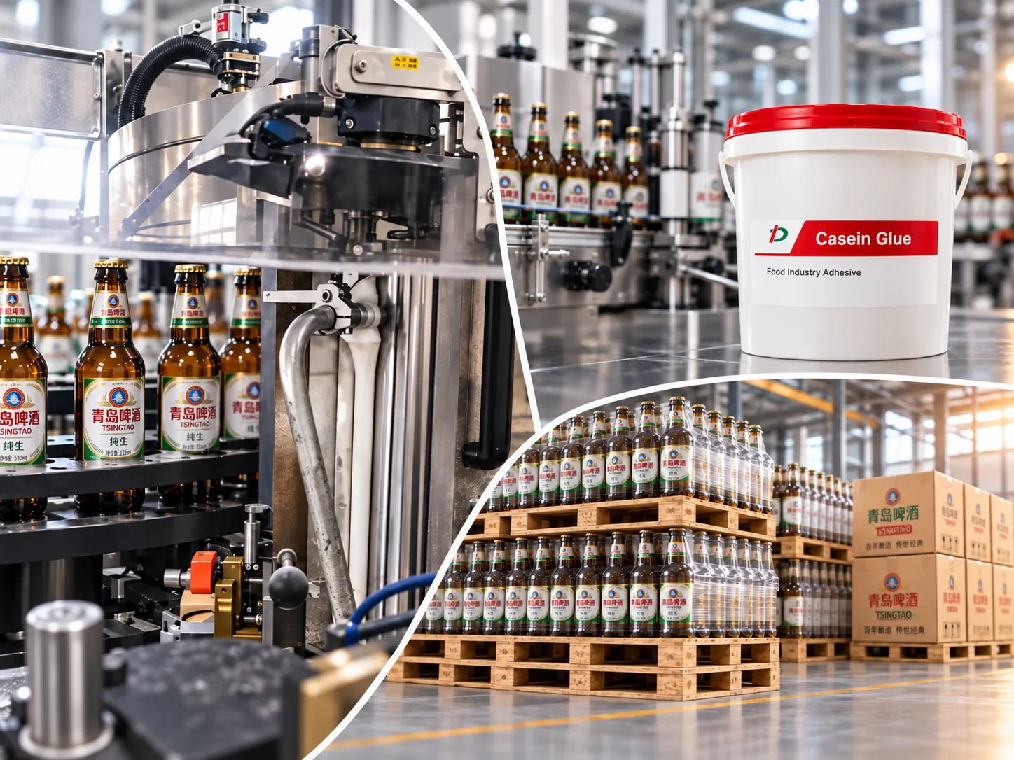 Glass bottle labeling application on an industrial production line